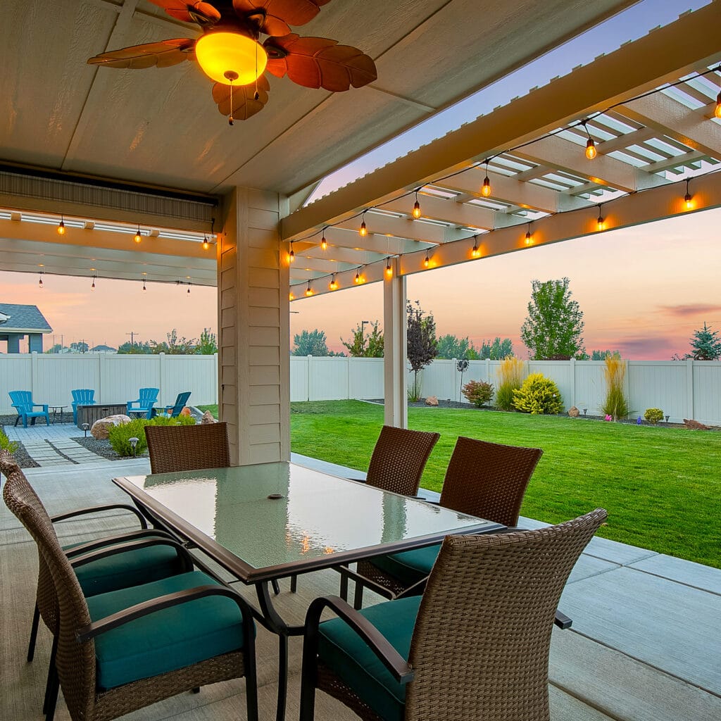 tan pergola with string lights in Boise, Idaho.