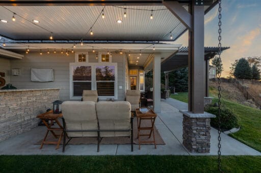 brown pergola with a high desert background in Boise, Idaho.
