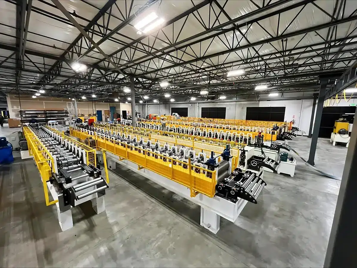 Interior view of ShadeWorks aluminum patio cover manufacturing production line and equipment