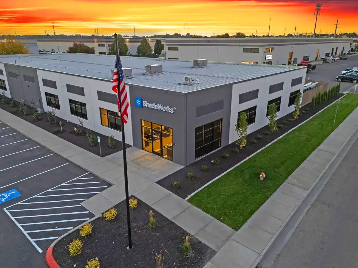 ShadeWorks headquarters building exterior in Idaho showcasing aluminum patio cover manufacturing facility