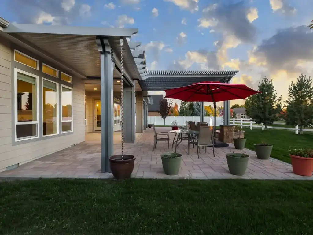 Boise outdoor living space with patio cover and seating area 