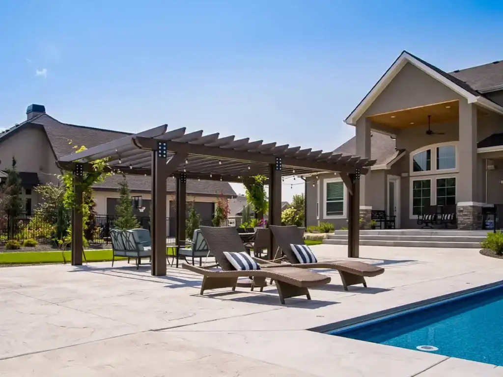 Freestanding pergola creating shaded seating area in Idaho backyard