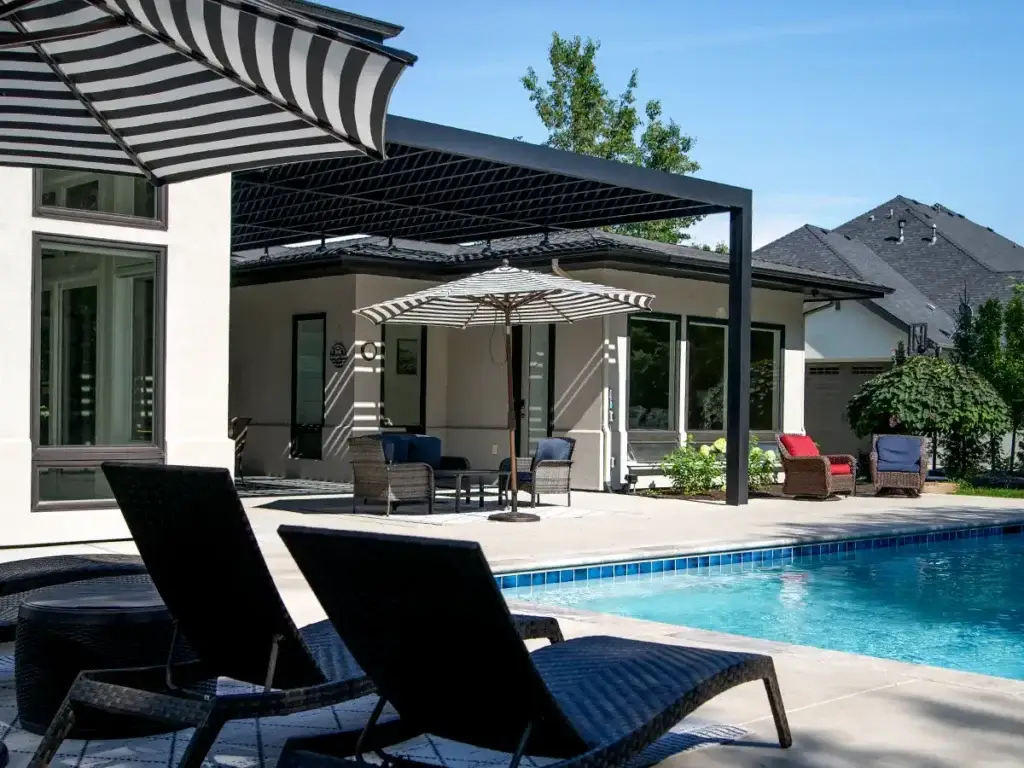 Modern aluminum pergola structure installed over outdoor living space