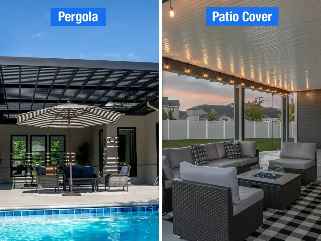Comparison of full patio cover and pergola showing different levels of backyard shade coverage
