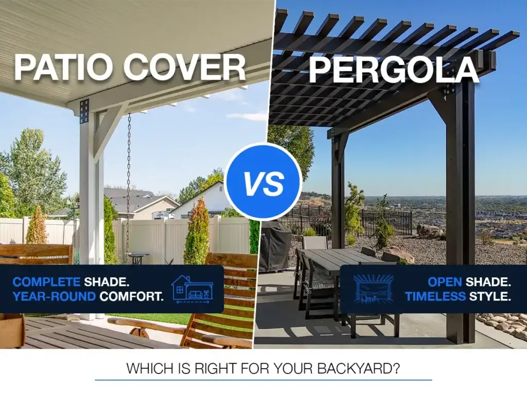 patio-cover-vs-perolga | ShadeWorks™ Pergola vs patio cover comparison showing a solid roof patio cover and open-roof pergola side by side in a residential backyard.