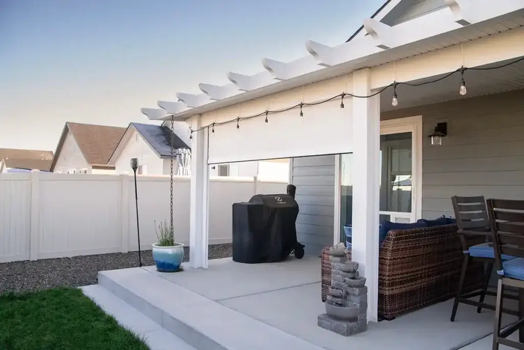 Shade screens blocking afternoon sun on patio