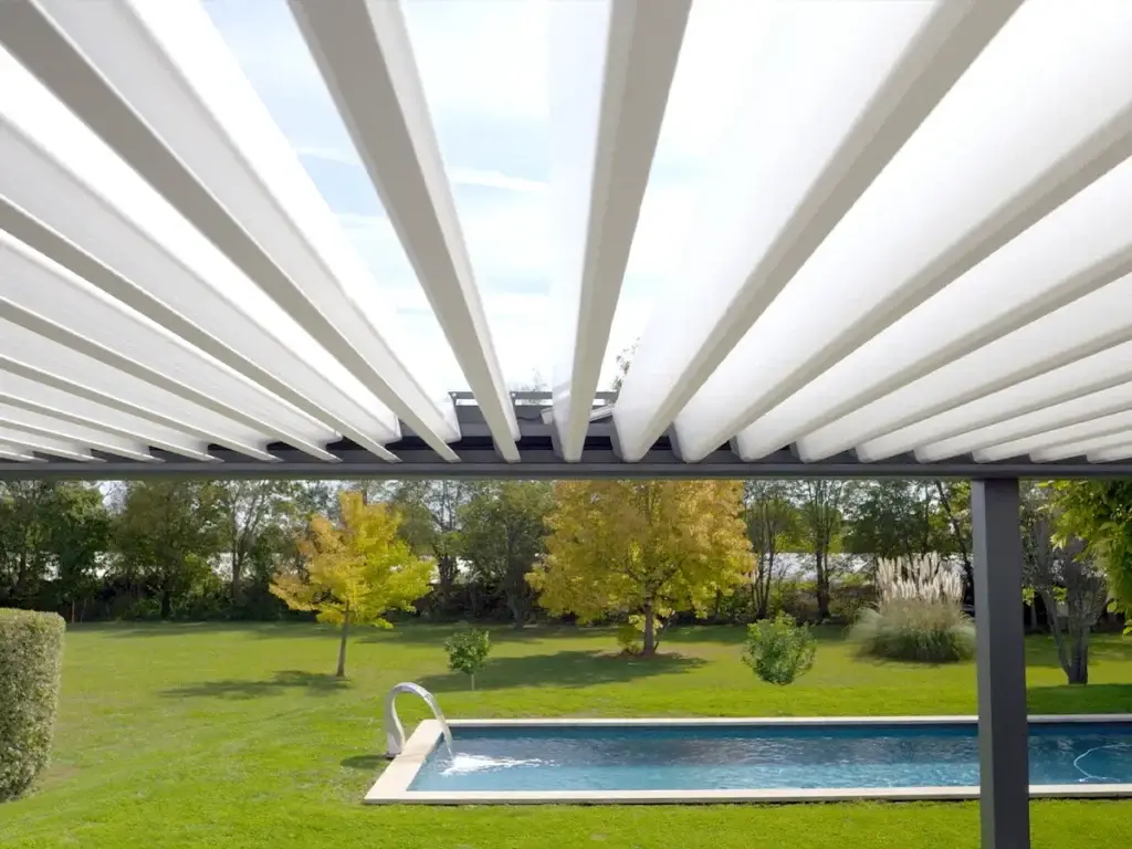 Adjustable louvered pergola providing shade in St George backyard