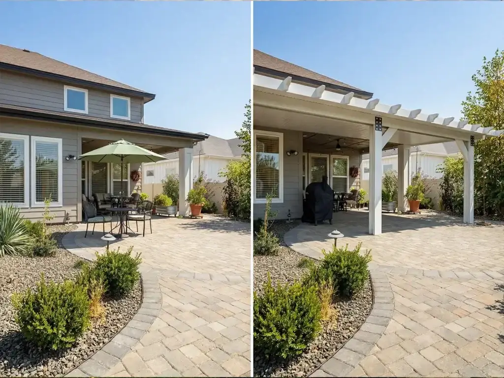 Comparison of umbrella and patio cover showing differences in shade coverage and cooling