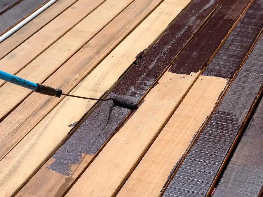 Homeowner staining wood patio cover beams to protect against moisture and sun exposure