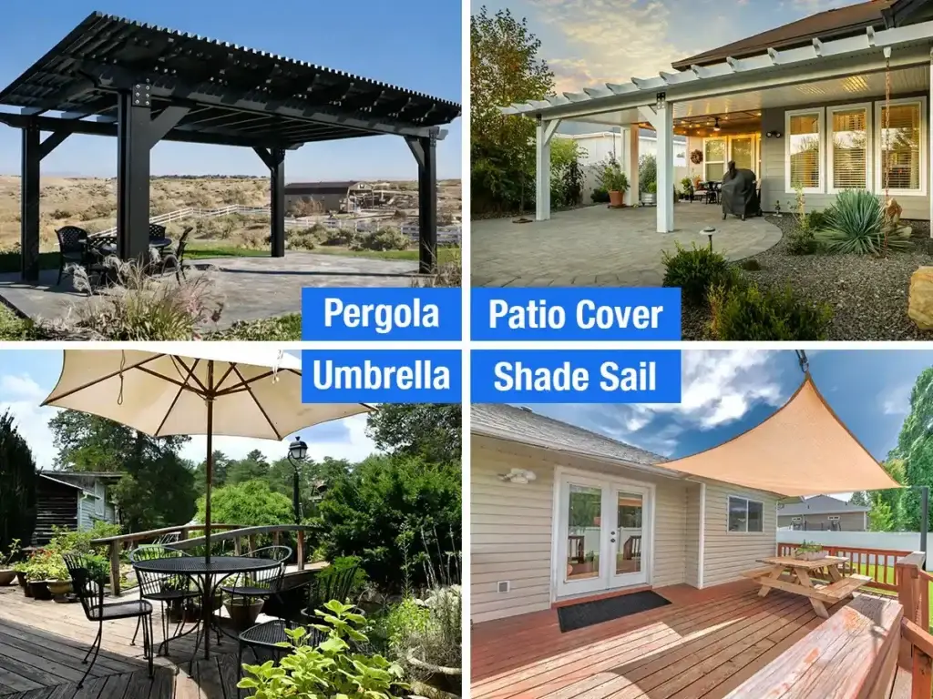 Comparing backyard shade options pergola, patio cover, umbrella and shade sail.