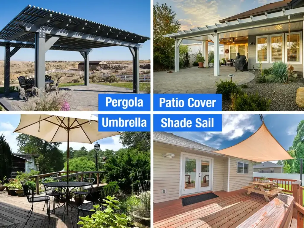 Comparison of backyard shade options including patio cover pergola umbrella and shade sail