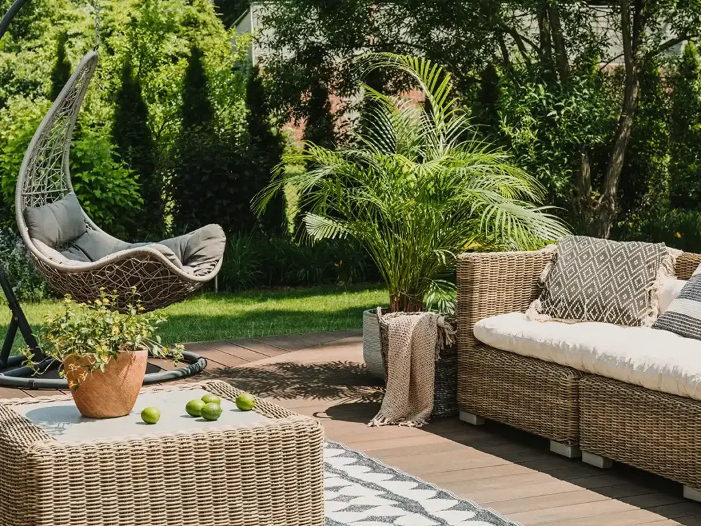 Uncovered backyard patio in direct afternoon sun with no shade protection