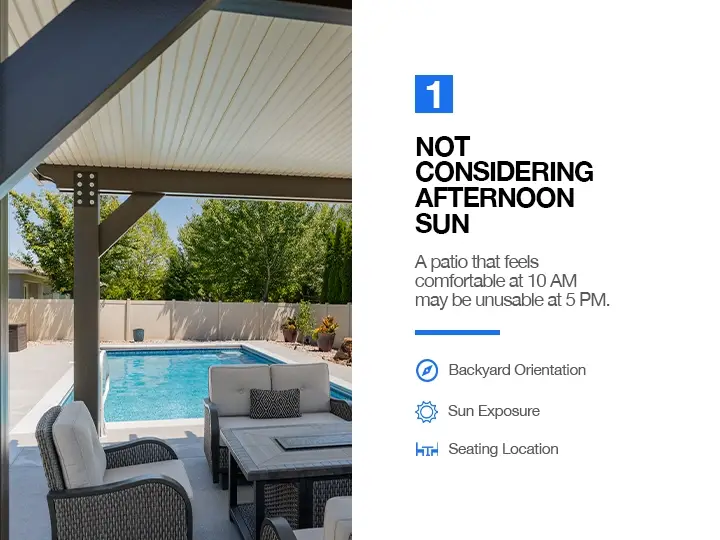 Covered patio overlooking a pool demonstrating the importance of planning for afternoon sun exposure