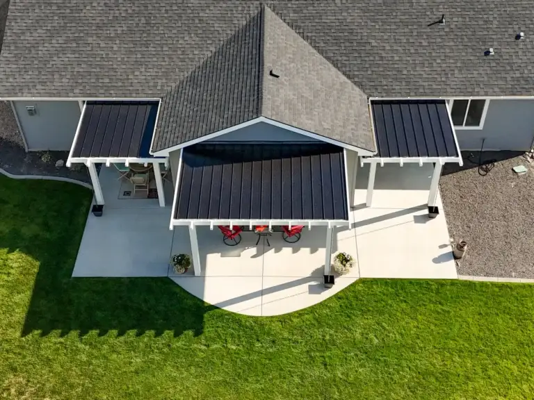 Aerial view of a custom attached patio cover installation