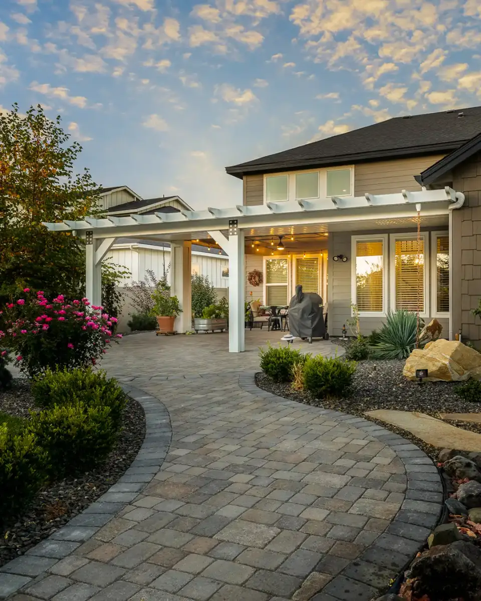 Custom white aluminum patio cover installed over backyard paver patio