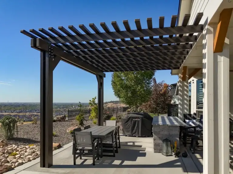Black aluminum pergola overlooking the Boise foothills