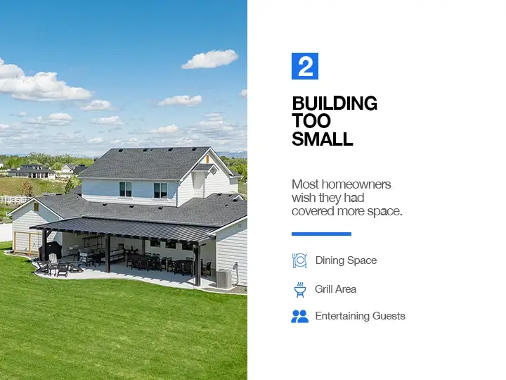 Split graphic: left shows a two-story house with a large green lawn and a covered patio; right panel reads '2 Building Too Small' with a subtitle and icons for Dining Space, Grill Area, and Entertaining Guests.