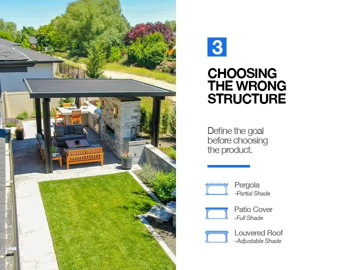 Backyard with a black-framed pergola over a seating area and stone outdoor kitchen; right side shows a slide titled'Choosing the Wrong Structure' in a design guide.
