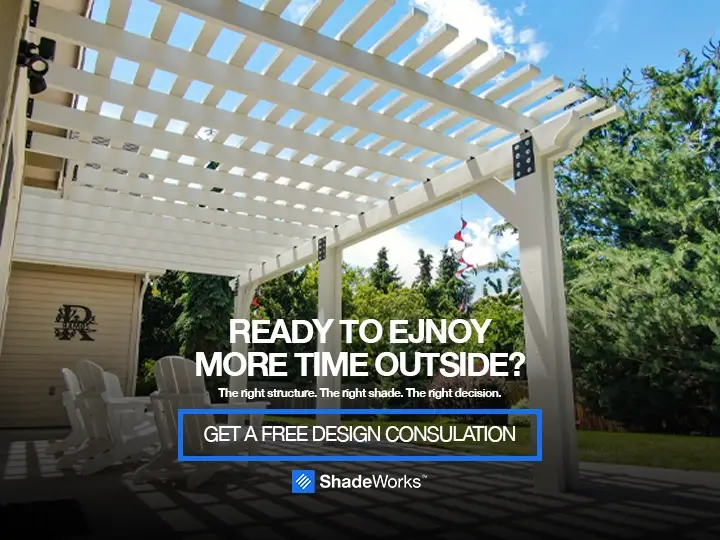 Promotional image of a white pergola over a sunny patio with Adirondack chairs; text invites a free design consultation from ShadeWorks.