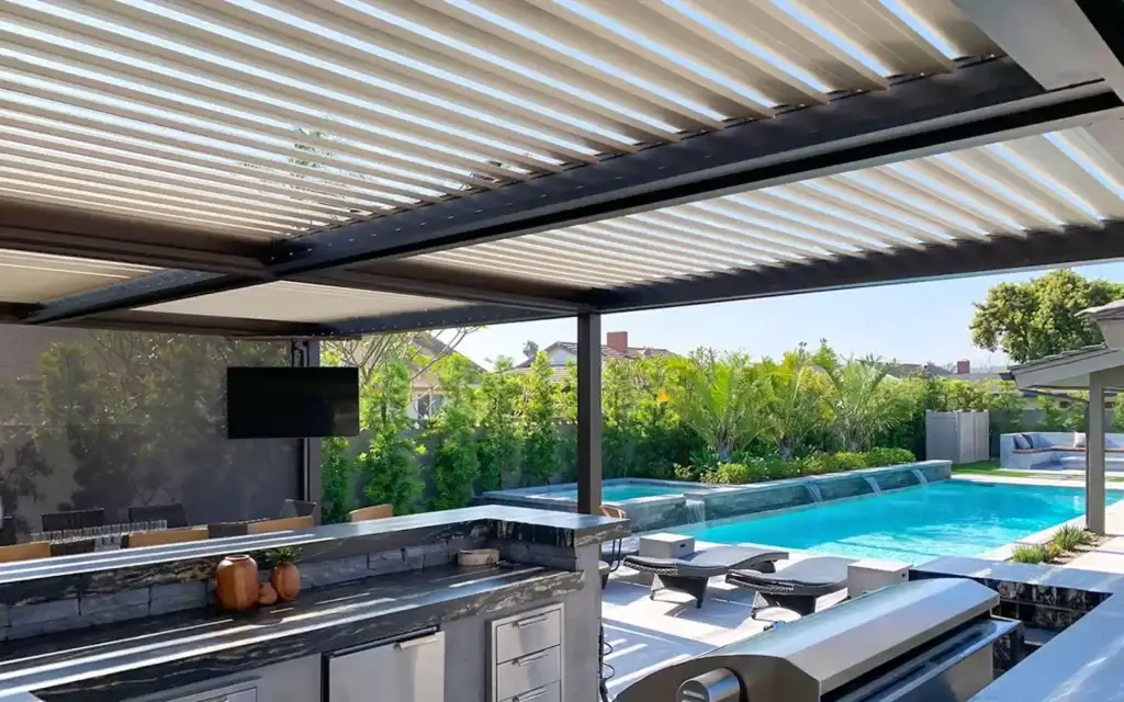 Custom motorized louvered roof system installed at a Las Vegas home by ShadeWorks.
