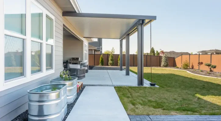 Modern attached aluminum patio cover extending along a Boise home side yard