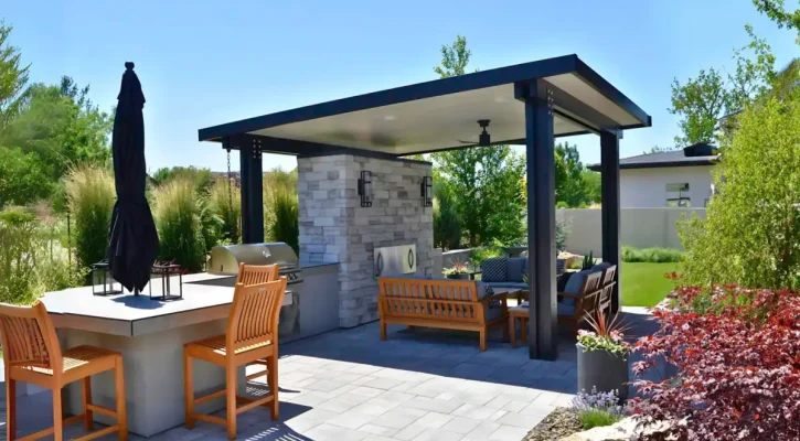 Custom freestanding aluminum patio cover in Treasure Valley outdoor kitchen backyard