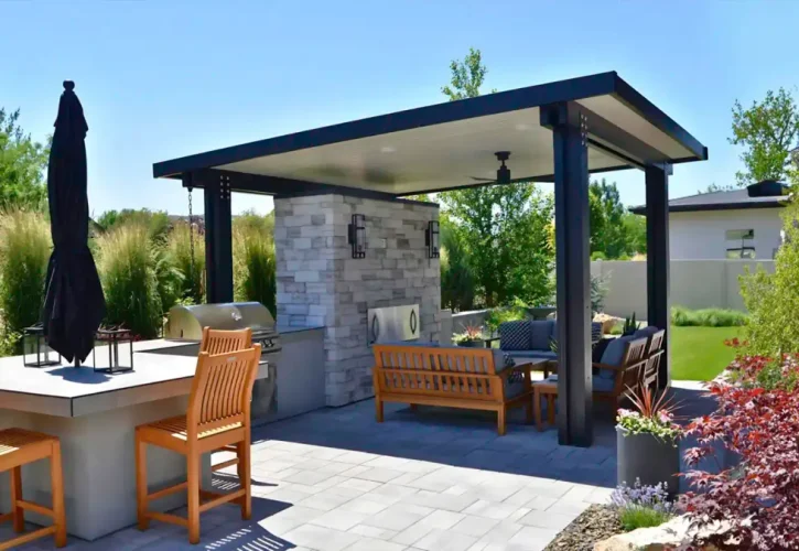 Custom freestanding aluminum patio cover in Treasure Valley outdoor kitchen backyard