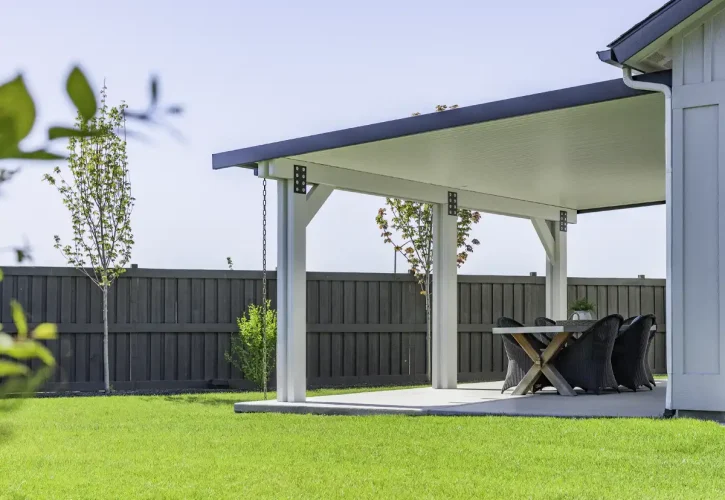 Custom aluminum patio cover installed at a home in Idaho Falls, Idaho by ShadeWorks.