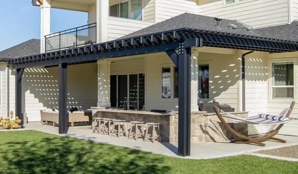 Custom aluminum pergola installed in a Las Vegas backyard for shade and outdoor living.