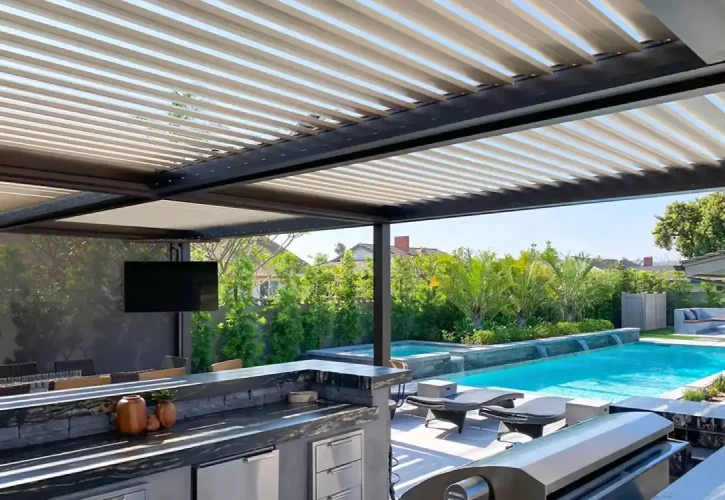 Custom motorized louvered roof system installed at a Las Vegas home by ShadeWorks.