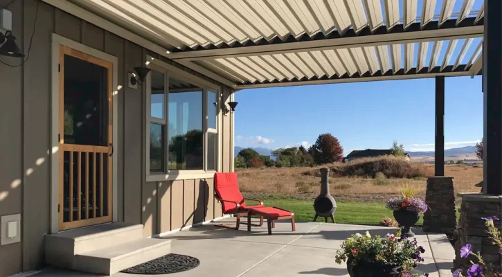 Louvered patio cover providing adjustable backyard shade and sun control