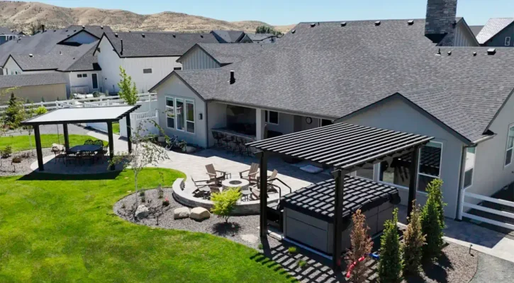 Aerial view of custom pergolas and patio covers in Treasure Valley backyard