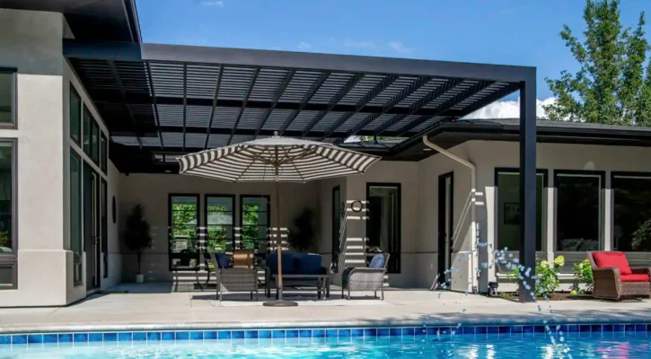 Modern black pergola beside backyard pool in Treasure Valley Idaho